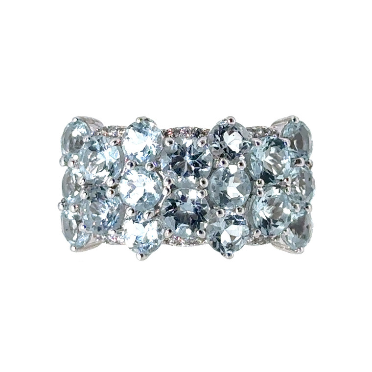 Sterling Silver Aquamarine Wide Cluster Band Ring Size 10.25