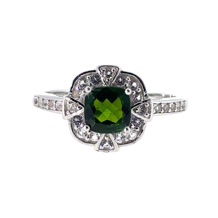 Sterling Silver Cushion Cut Chrome Diopside Halo Ring