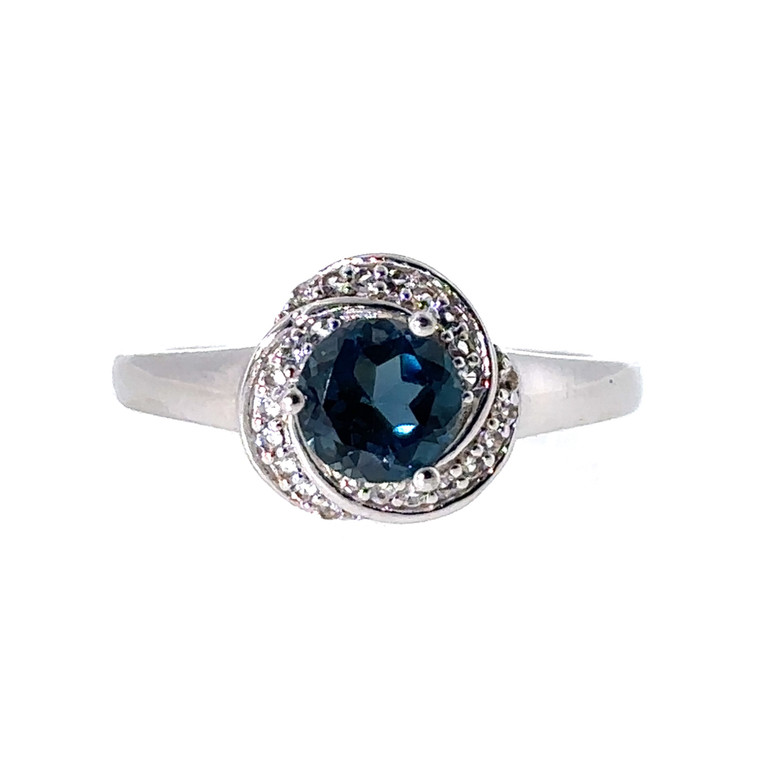 Sterling Silver Round Cut London Blue Topaz Swirl Halo Ring Size 7