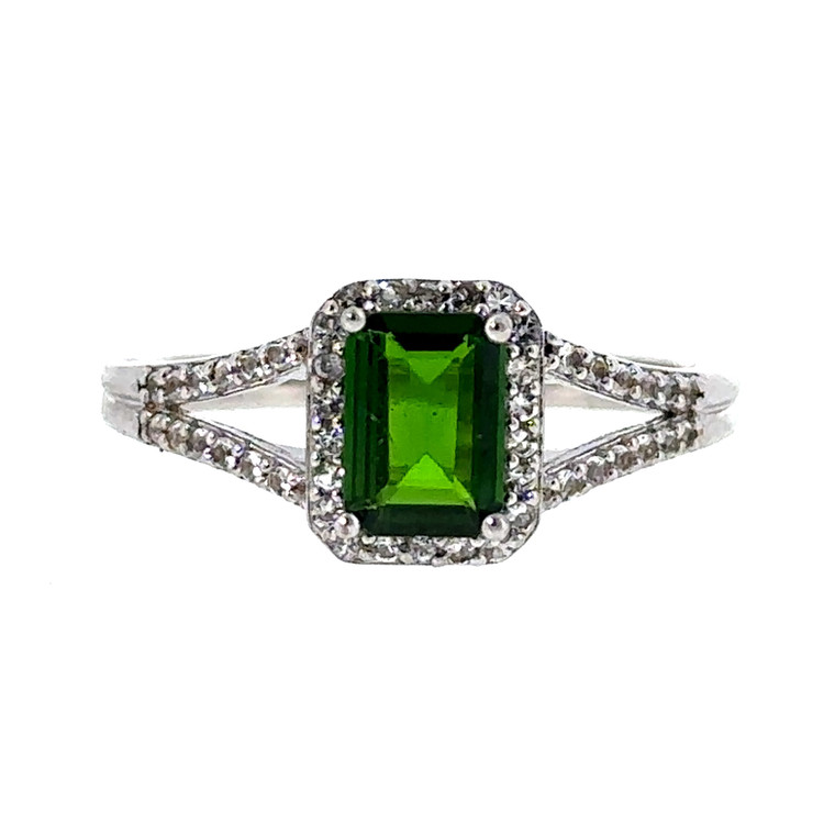 Sterling Silver Emerald Cut Chrome Diopside Halo Split Band Ring Size 8