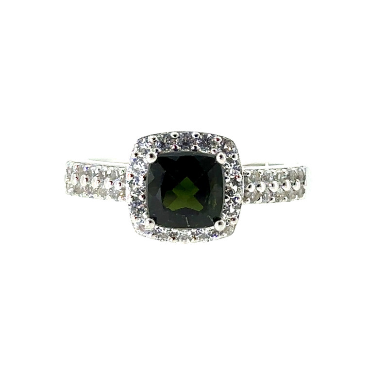 Sterling Silver Cushion Cut Chrome Diopside Halo Ring Size 7