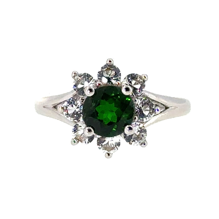 Sterling Silver Oval Cut Chrome Diopside Floral Halo Ring Size 5.25