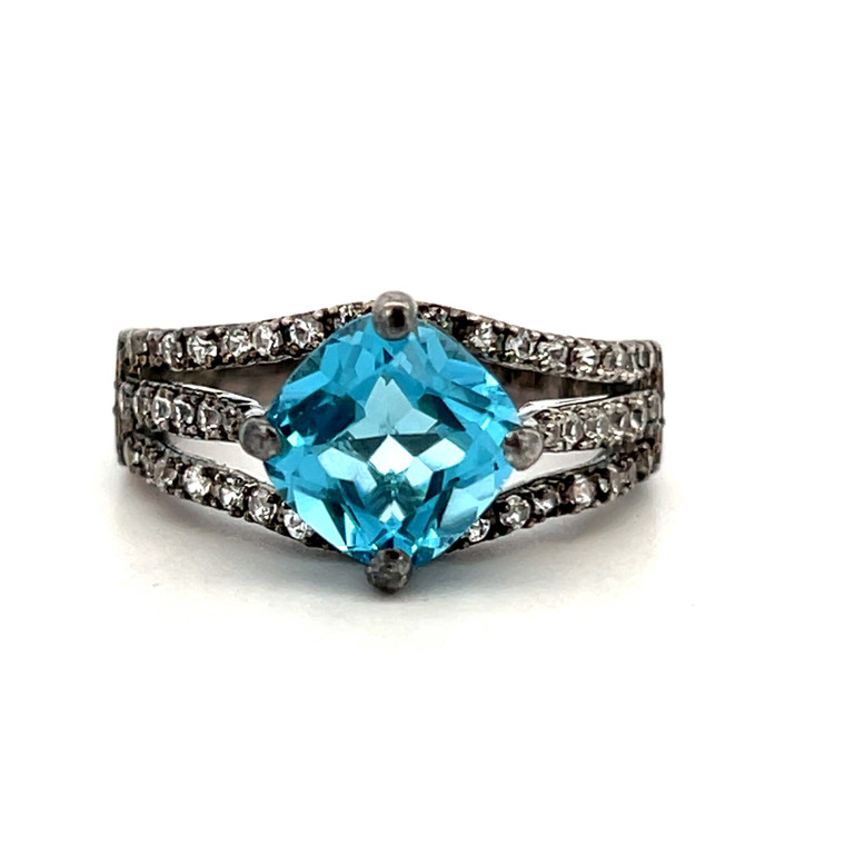 Sterling Silver Topaz With Diamonds Three band into one Ring Size 6