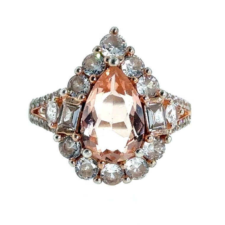 Sterling Silver Pear Cut Morganite CZ Halo Ring Size 9