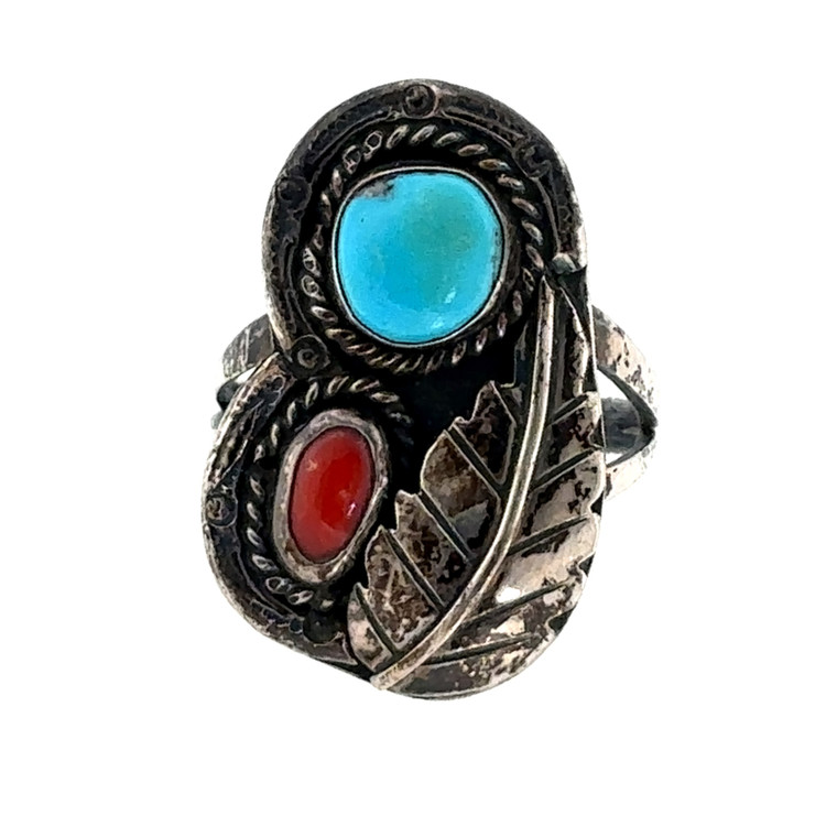 Sterling Silver Navajo Turquoise Coral Twisted Rope Leaf Ring Size 9