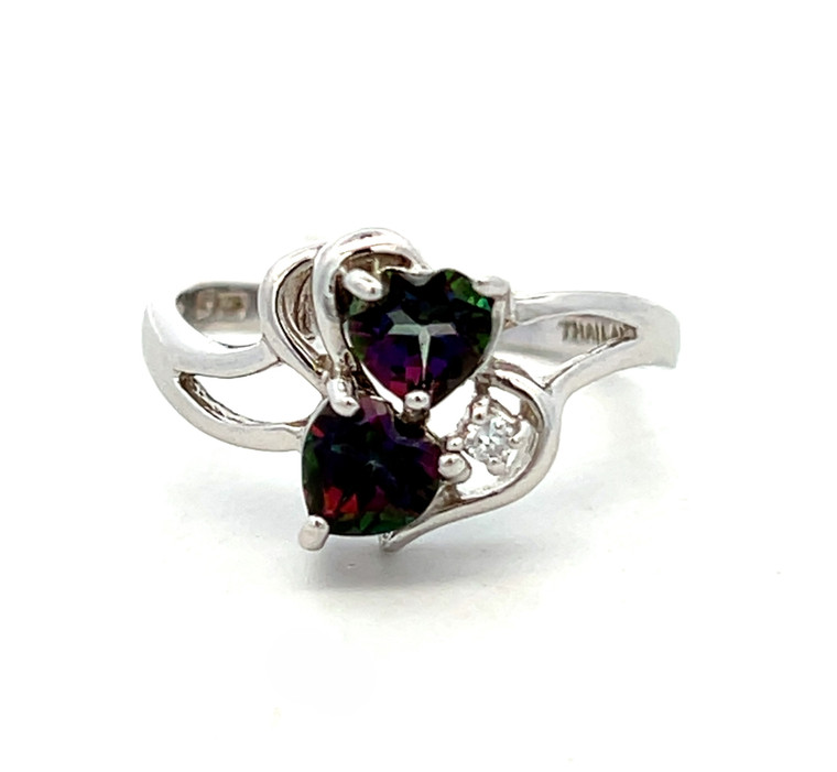 Sterling Silver Two Heart Mystic Topaz With A Diamond Two In One Band Ring Size 8