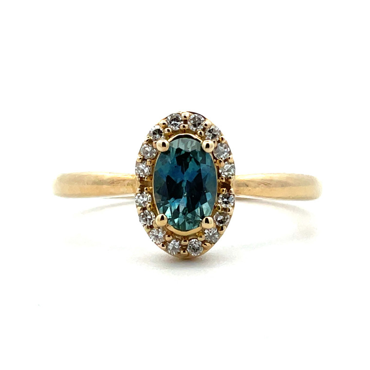 10K Yellow Gold Oval Cut Montana Blue Sapphire Diamond Halo Accent Fashion Band Size 6.75