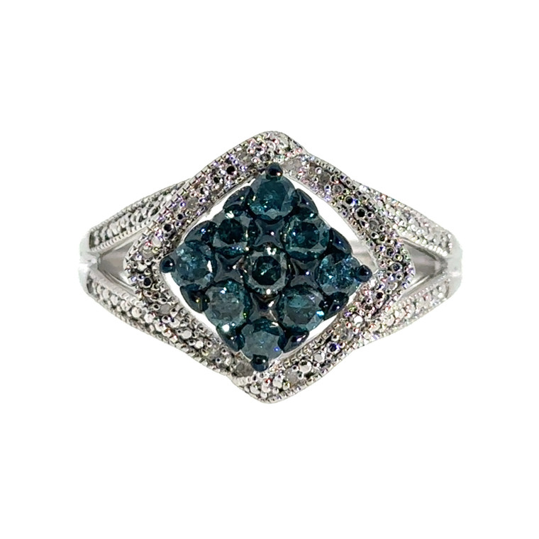 Sterling Silver Blue Diamond Cluster Cocktail Ring Size 9