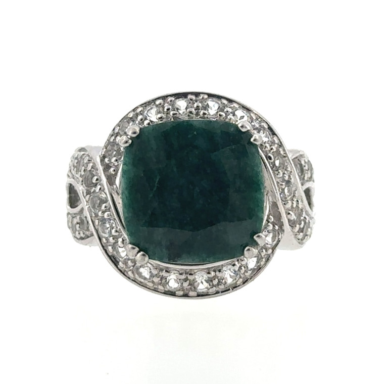 Sterling Silver Cushion Cut Emerald Statement Ring Size 7