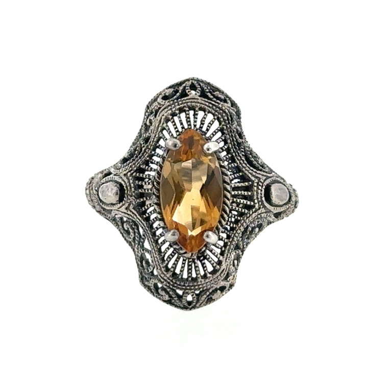 Vintage Inspired Sterling Silver Marquise Cut Citrine Cocktail Ring Size 6