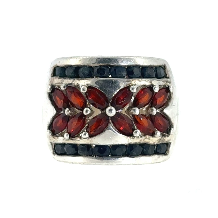 Sterling Silver Garnet Multi Stone Floral Wide Band Ring Size 5.75