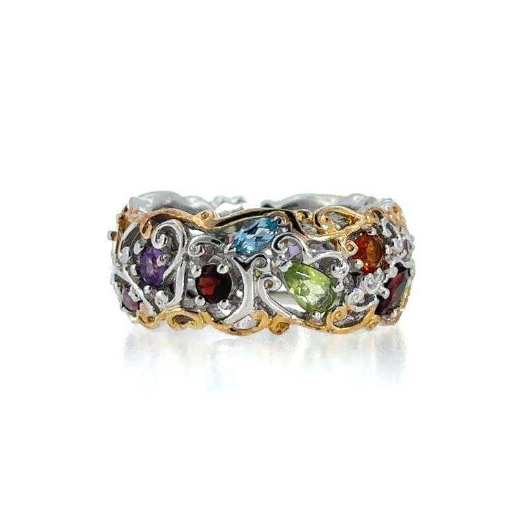 Sterling Silver Two Tone Multi Stone Filigree Band Ring Size 8