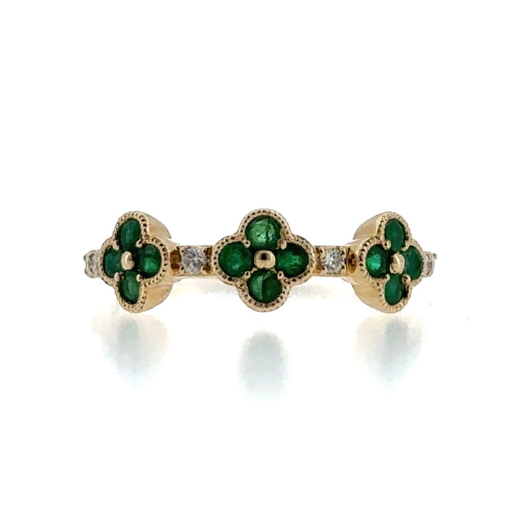 10K Yellow Gold Round Cut Emerald Clover Stacker Size 6.5