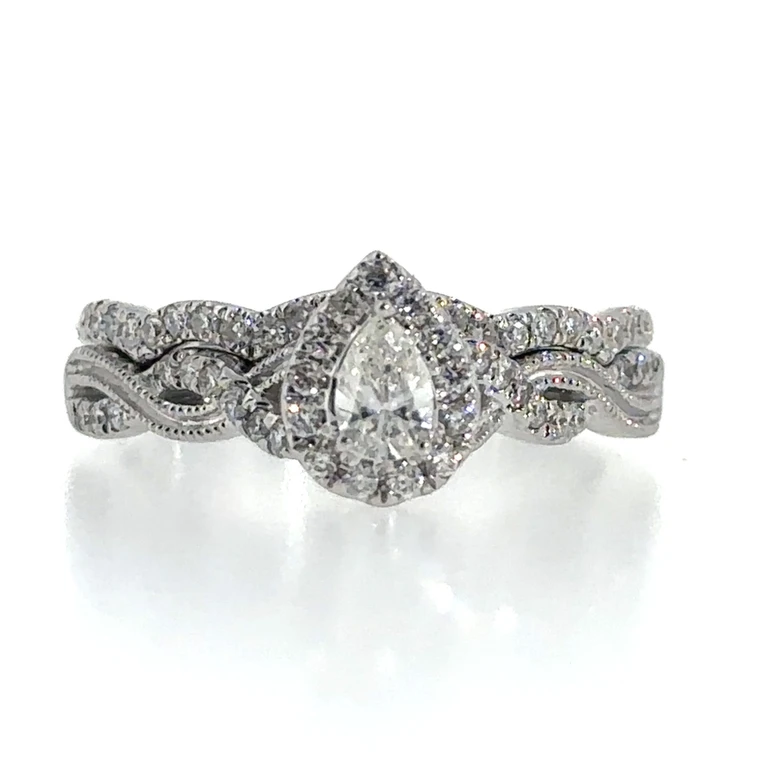 10K White Gold Pear Cut Diamond Halo Twisted Band Engagement Wedding Set Size 7