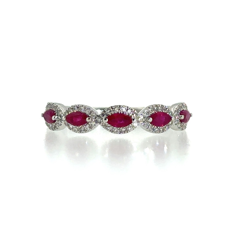 10K White Gold Marquise Cut Ruby Halo Eternity Ring Size 7
