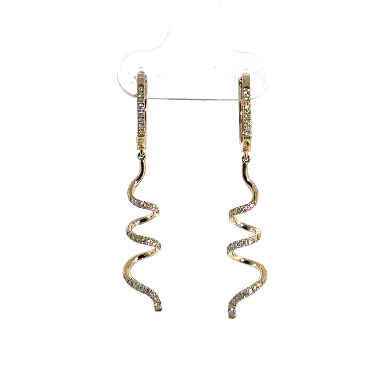 14k Yellow Gold Round Cut Diamond Spiral Dangle Huggie Hoop Earrings
