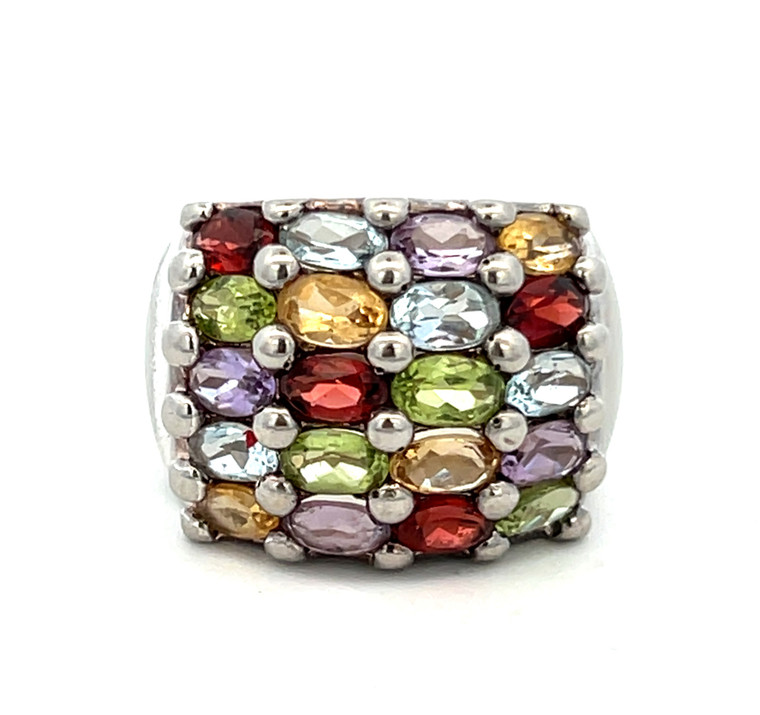 Sterling Silver Multi Stone Peridots, Citrines, Garnets, Blue Topaz, Amethysts Wide Band RIng Size 7