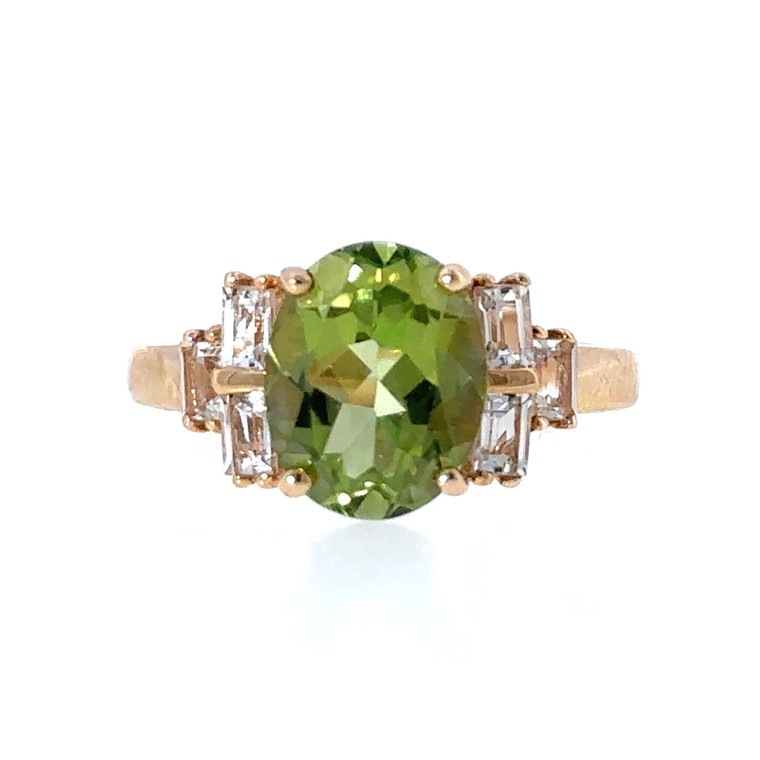 14k Yellow Gold Oval Cut Dark Kiwi Topaz & White Topaz Ring Size 7