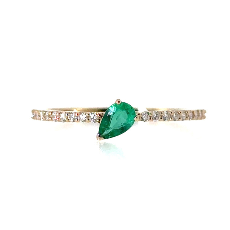 14k Yellow Gold Pear Cut Emerald & Diamond Accent Stacker Ring Size 6.5