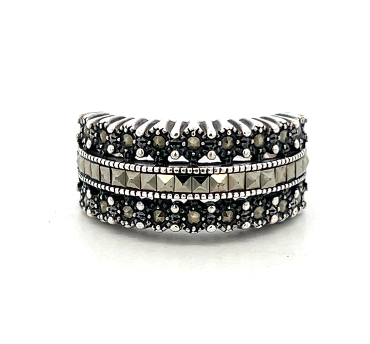 Sterling Silver Marcasite Floral Inspired Crystal Band Ring Size  8