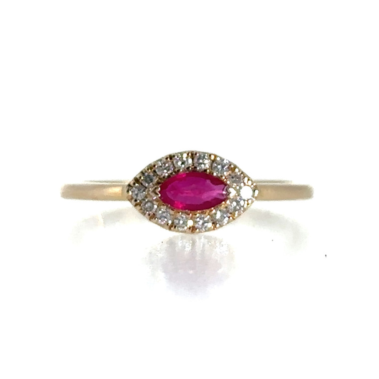 10k Yellow Gold Marquise Cut East West Set Ruby Halo Ring Size 7
