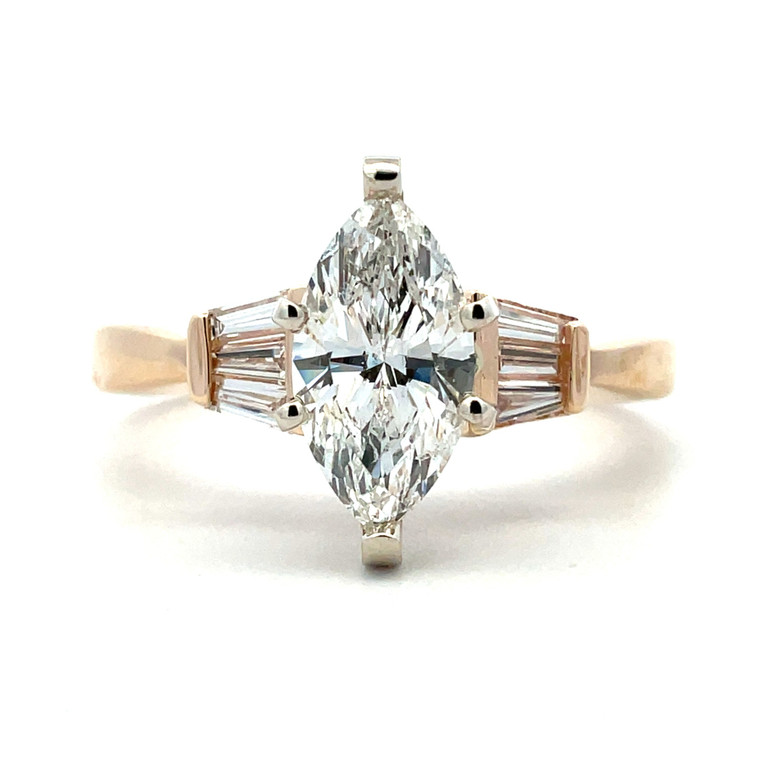 14K Yellow Gold GIA Cert 1.09ct Marquise Brilliant Cut Diamond Baguette Accented Engagement Ring Size 7