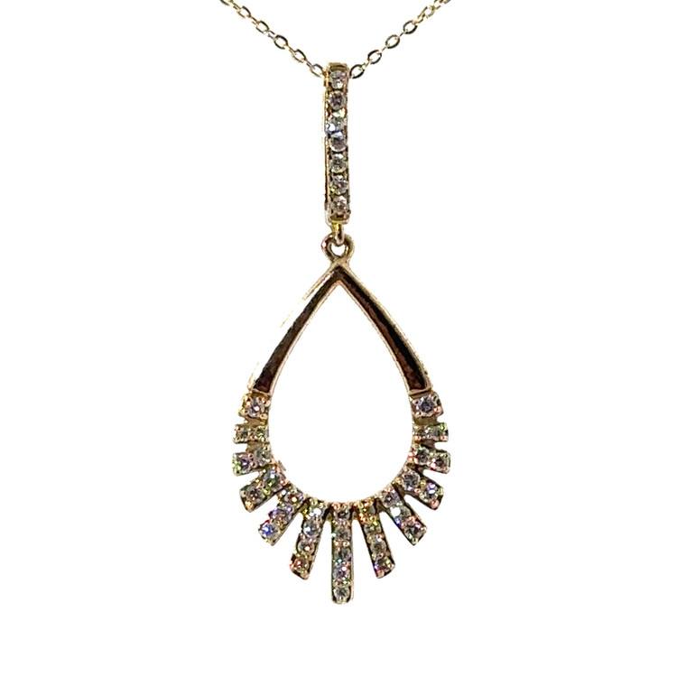 14K Yellow Gold Open Teardrop Round Cut Diamond Accent Pendant Necklace 18"