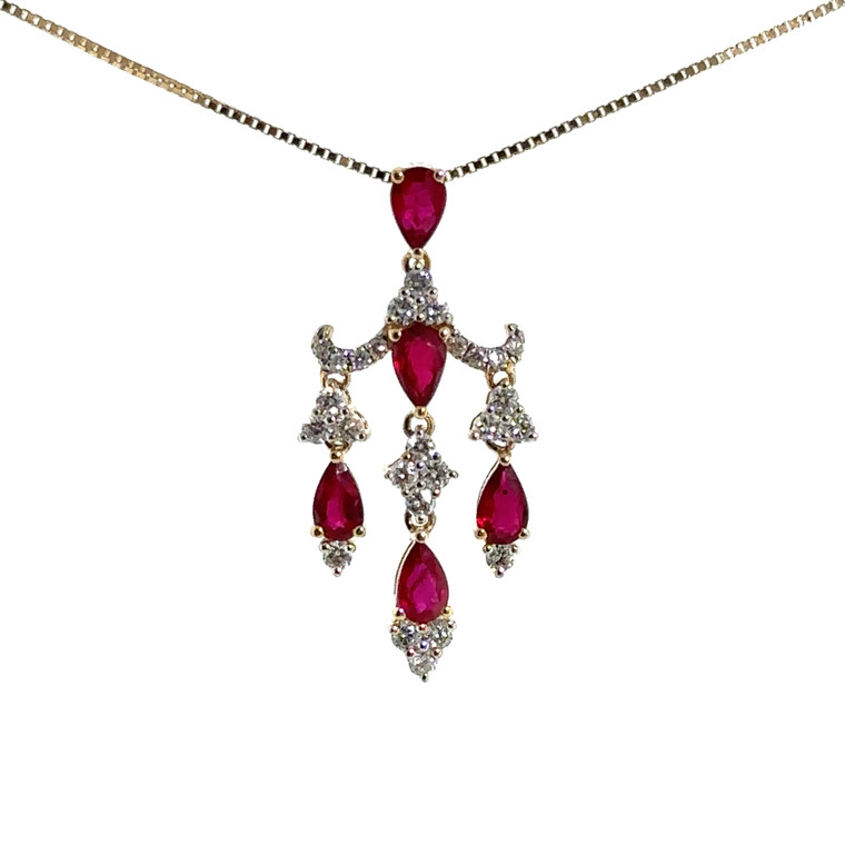 14k Yellow Gold Pear Cut Ruby & Diamond Chandelier Pendant Necklace 17"