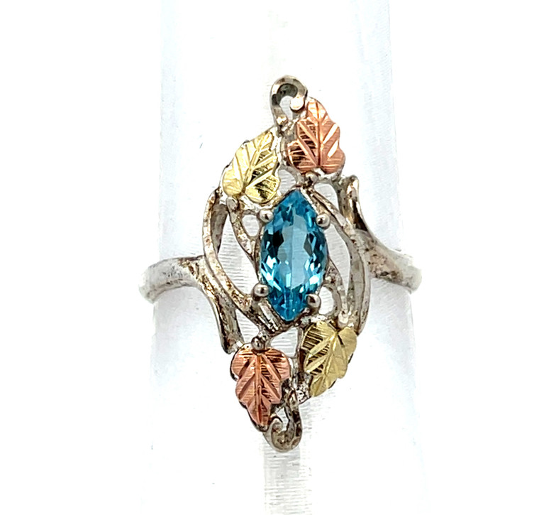 Sterling Silver Black Hills Gold Blue Topaz Thin Band Ring Size 7