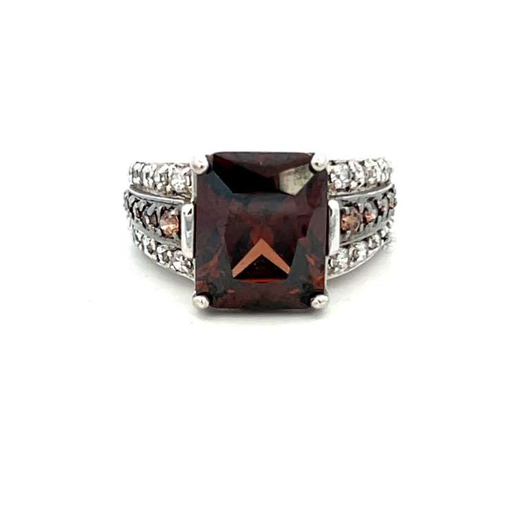 Sterling Silver Brown Stone with Brown and White CZ Wide Band Ring Size 5