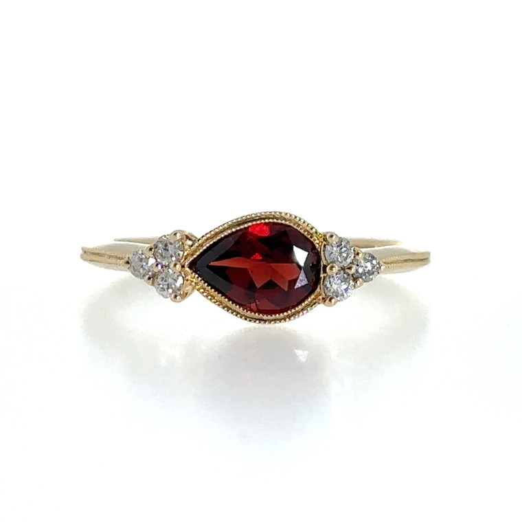 10k Yellow Gold Pear Cut East West Set Garnet & Diamond Accent Ring Size 6.5