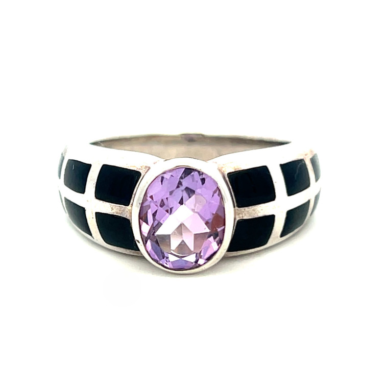 Sterling Silver Amethyst Oval Black Rectangles on Band Wide band Ring Size 7