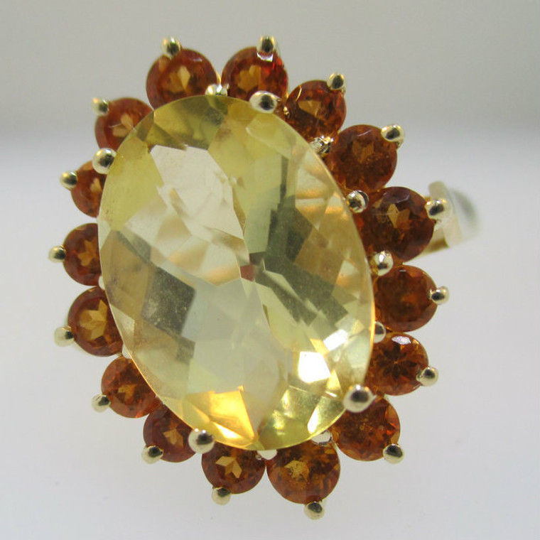 14k Yellow Gold Scapolite and Orange Hessonite Garnets Ring Size 9
