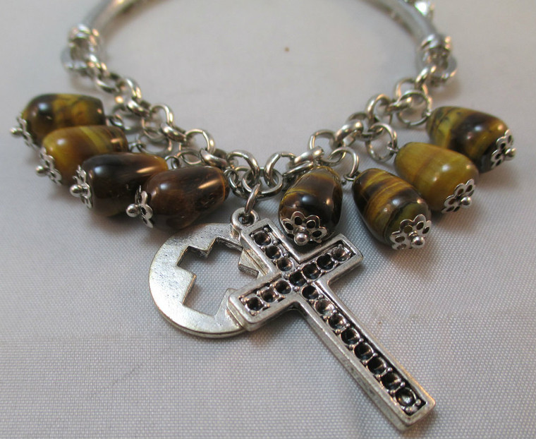 Silver Tone Bracelet with Glass Beads and Cross*