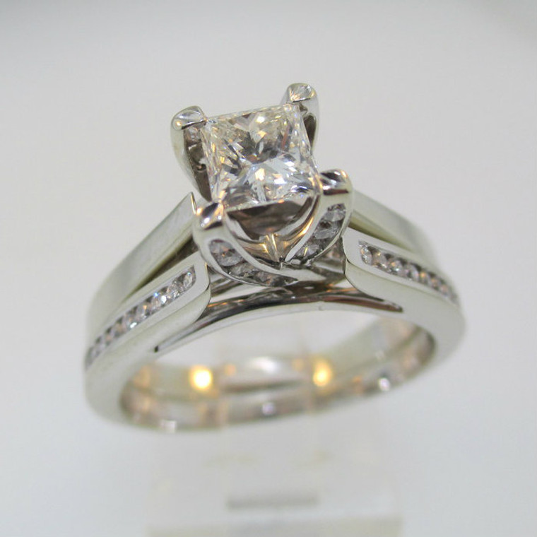 14k White Gold Approx .70ct Princess Cut Diamond Ring with Wedding Band Size 8 1/2