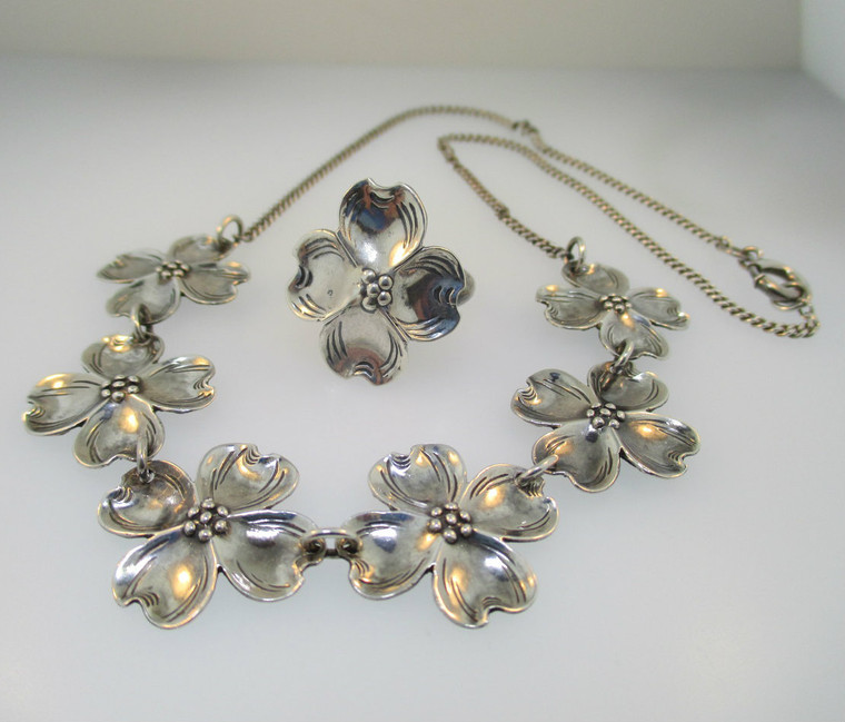 Sterling Silver Dogwood Flower Ring and Necklace Set Size 9