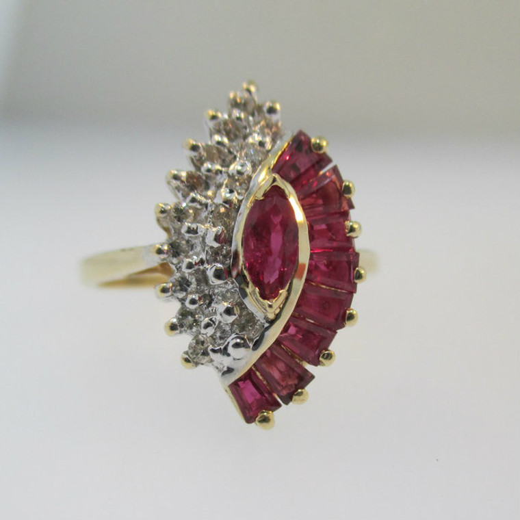 14k Yellow Gold Ruby and Diamond Cocktail Ring Size 6 1/4