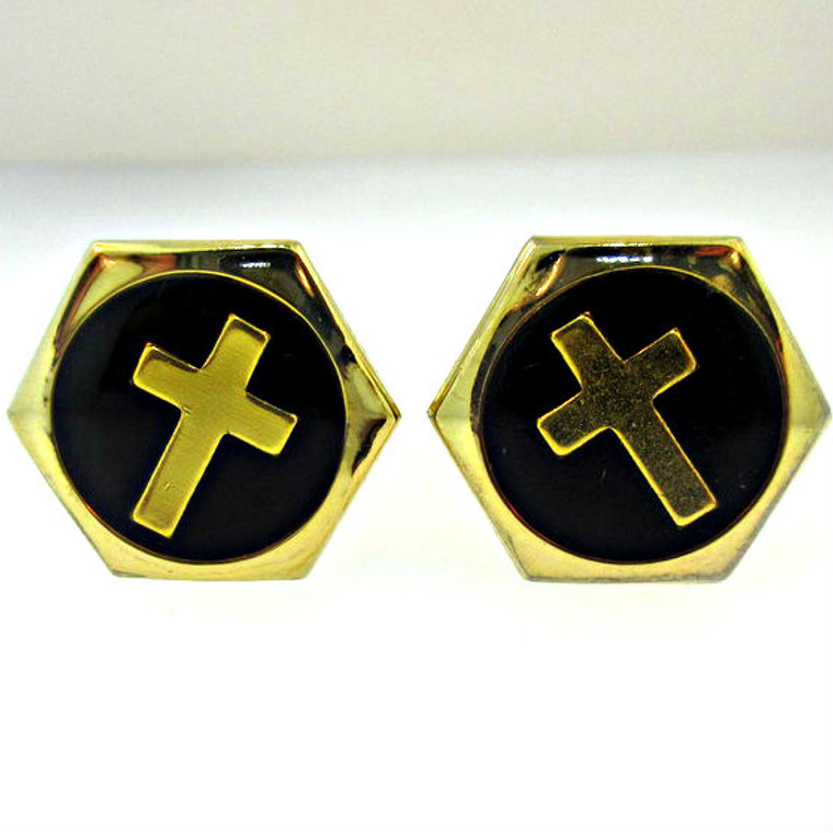 Hexagon Gold Tone and Black Cross Cufflinks (300.1768X CB)