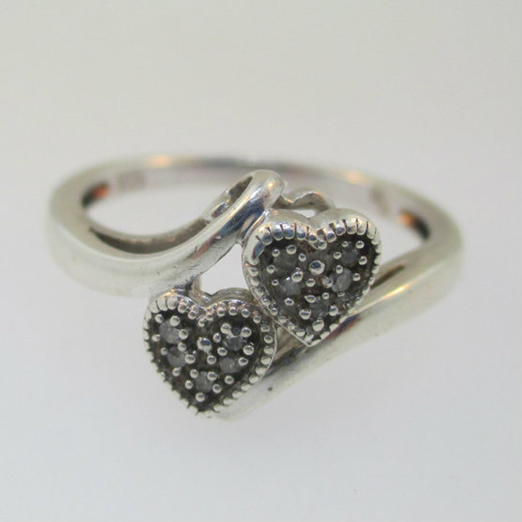 Sterling Silver Two Hearts Diamond Ring Size 6.75