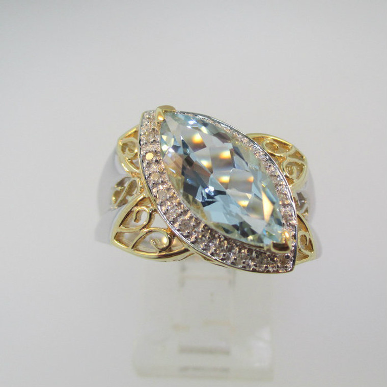 14k White Gold Aquamarine with Diamond and Yellow Gold Filigree Accents Size 9
