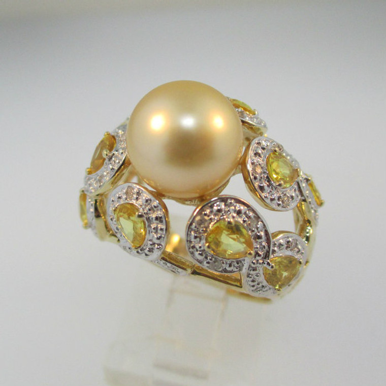 14k Yellow Gold 9.36mm South Sea Pearl Ring with Yellow Sapphire and Diamond Accents Size 7 1/2