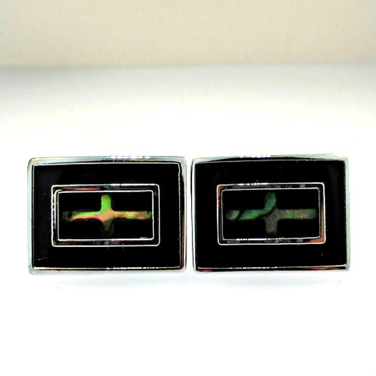 Silver Tone Metal with Black Onyx and Abalone Crosses Cufflinks (300.1770A CB)