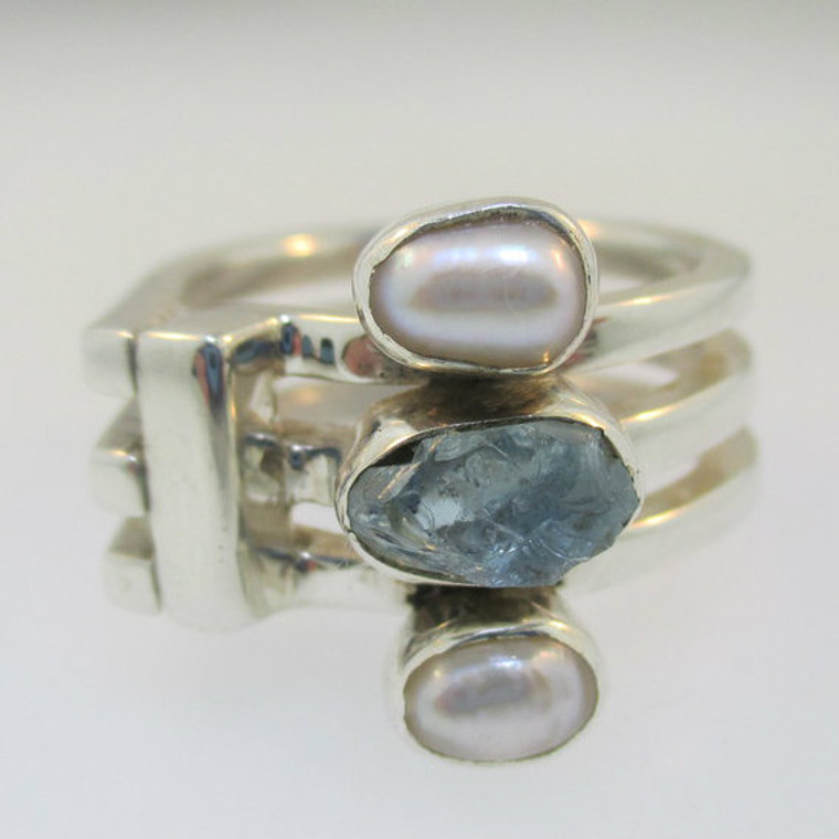 Sterling Silver Lilly Barrack Pearl Aquamarine Ring Size 7.5