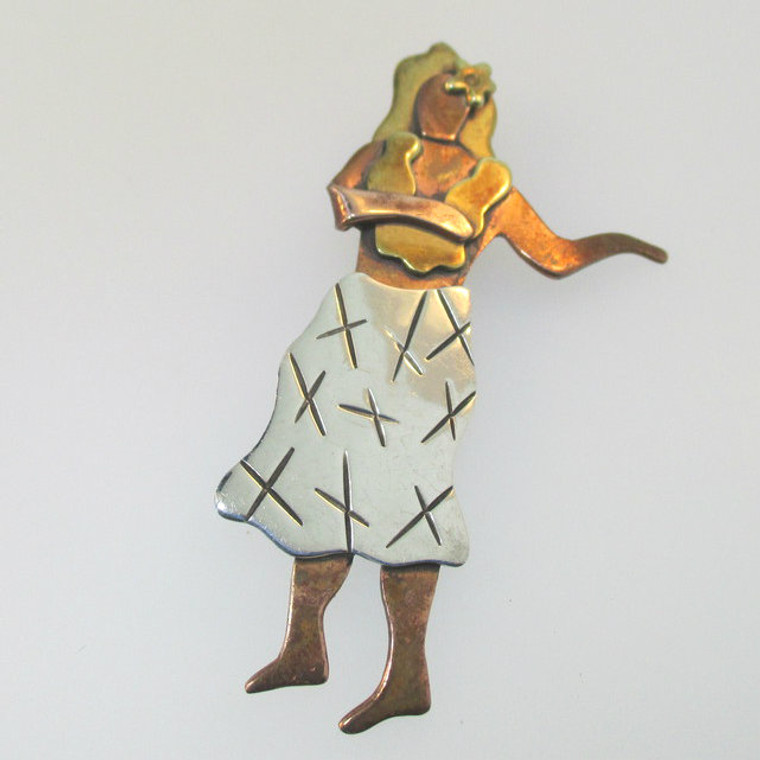 Hula Dancer Sterling Brass Copper Tri-Color Pin Brooch