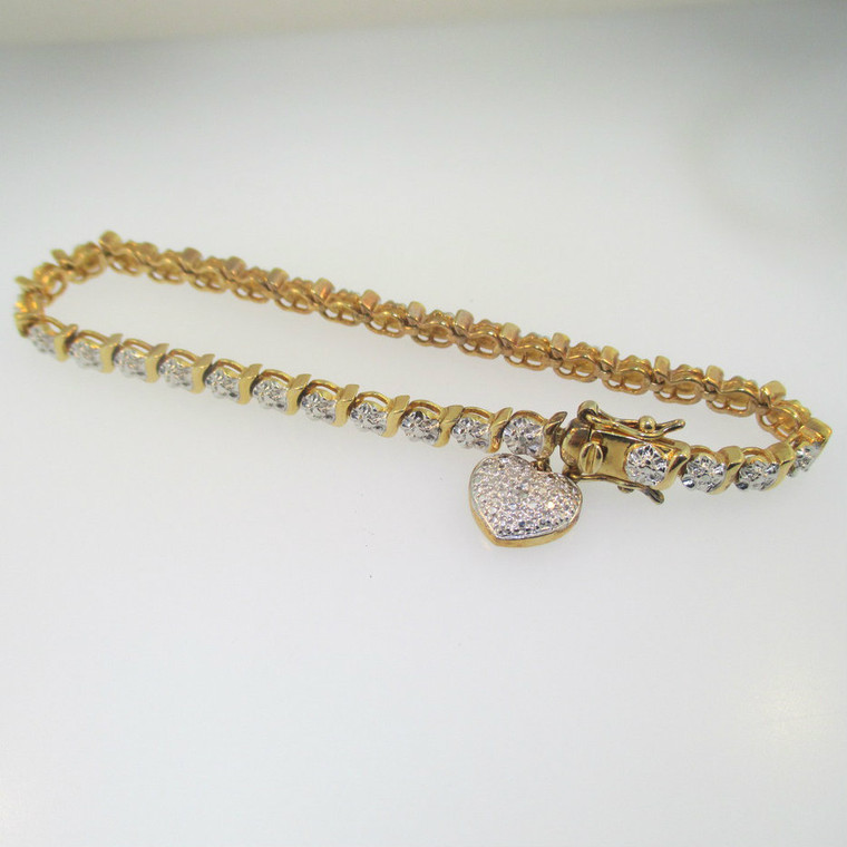 Sterling Silver Two Tone 7.25" Tennis Style Bracelet with Heart Charm 