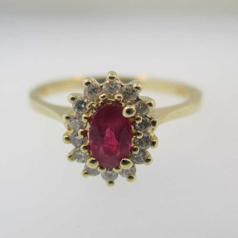 14k Yellow Gold Ruby Ring with Diamond Halo Accents Size 7