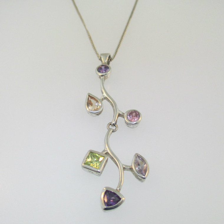 Sterling Silver Multi Color CZ Pendant Necklace 