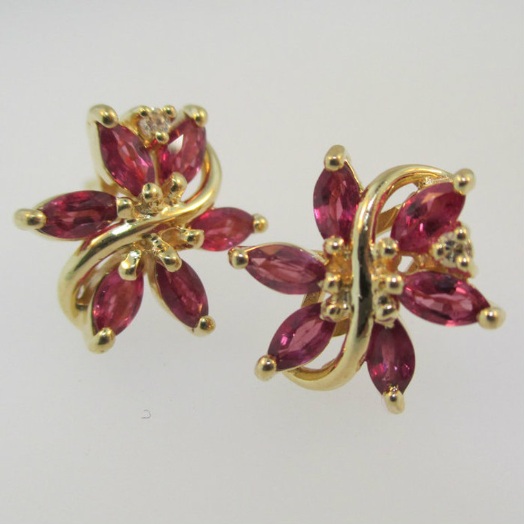 14k Yellow Gold Ruby and Diamond Flower Stud Earrings