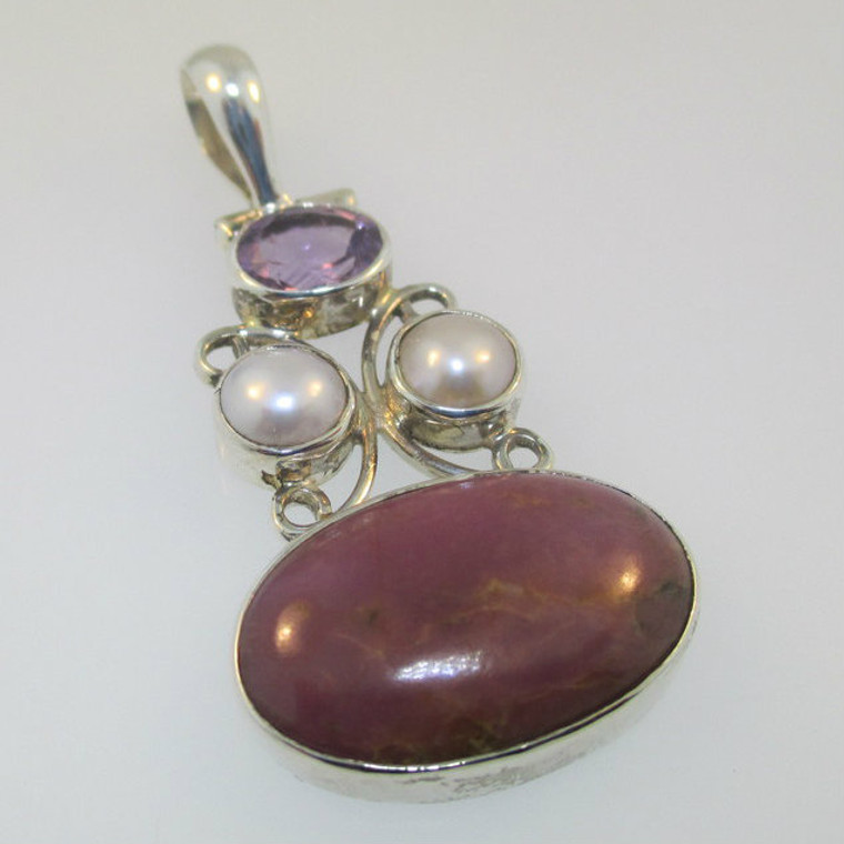 Sterling Silver Amethyst Pearl Purple Agate Pendant 