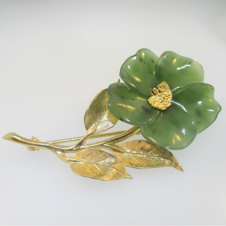 14k Yellow Gold Jade Flower Pin with 24k Nugget Center